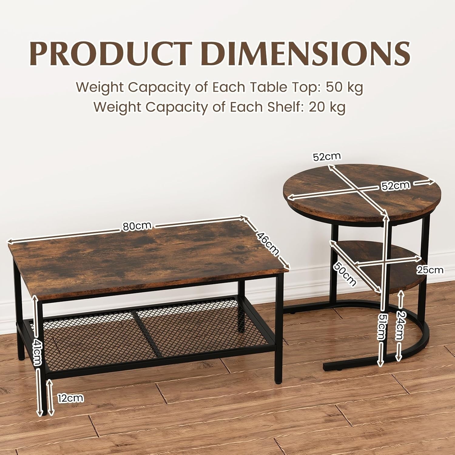 Nesting Coffee Table Set 2PCS Black Rustic Brown Faux Marble End Tables