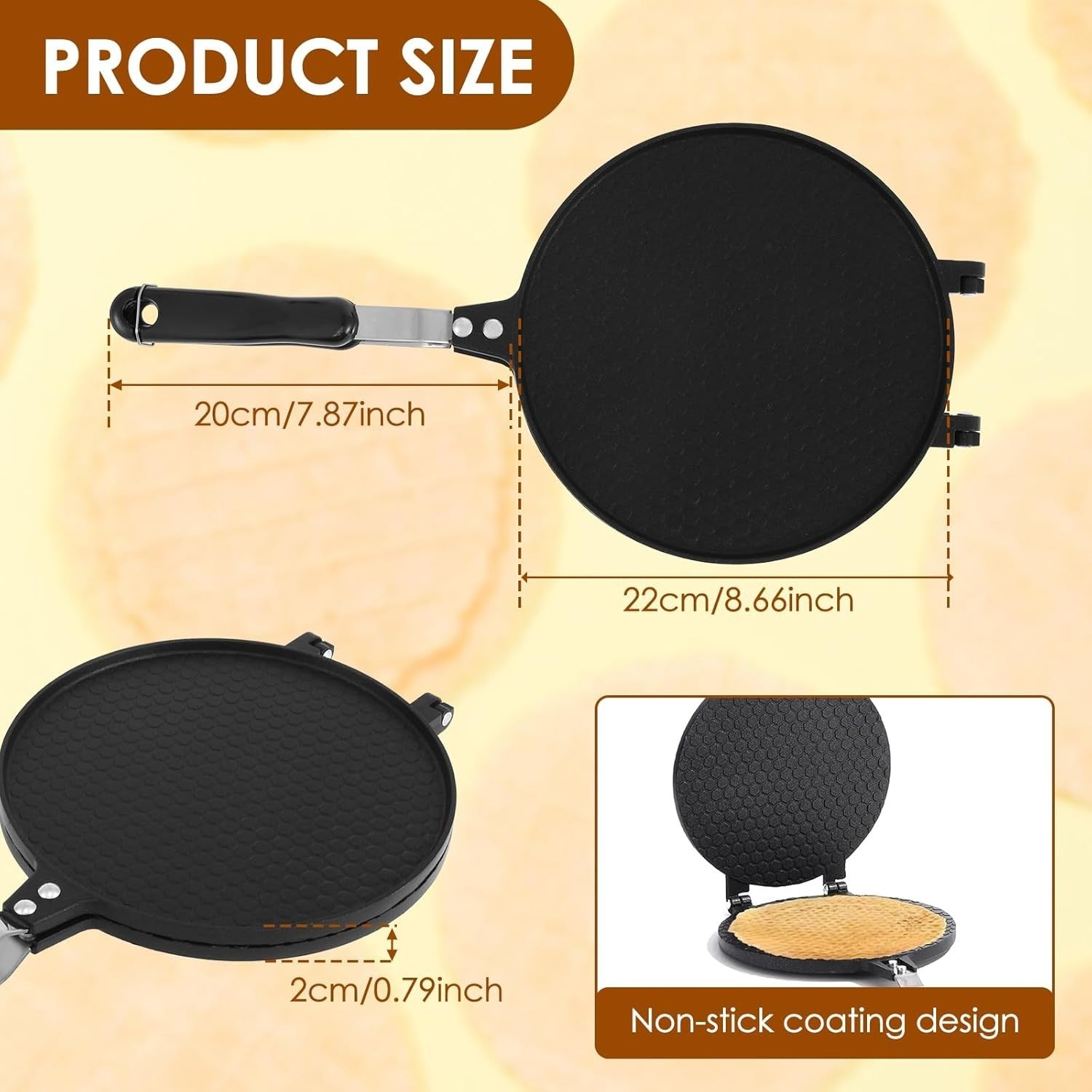 Non-Stick Waffle Cone & Egg Roll Pan | 22cm Aluminum Crepe Maker for Gas Stove