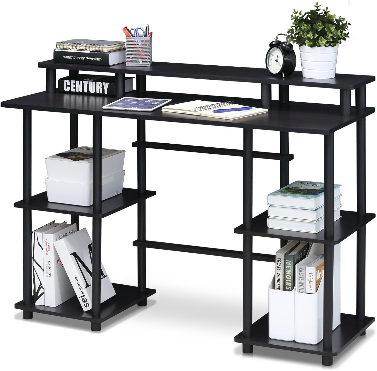 Modern Computer Desk with Shelves, Compact Espresso Office Table 113x48x86cm