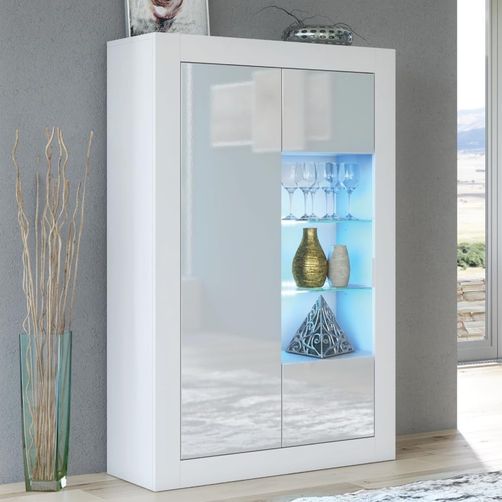 White LED Display Cabinet Gloss Sideboard Modern Storage 140cm Shelves