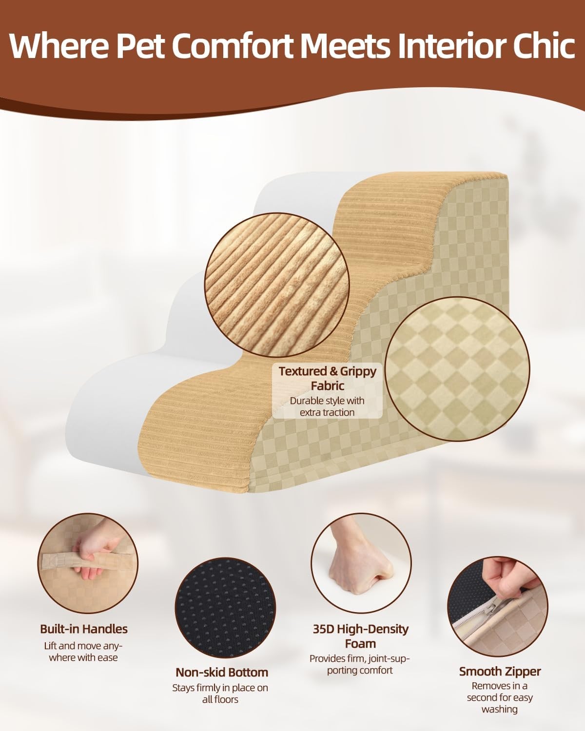 Curved Dog Stairs 22" 5-Step Small Dogs Non-Slip Foam Khaki