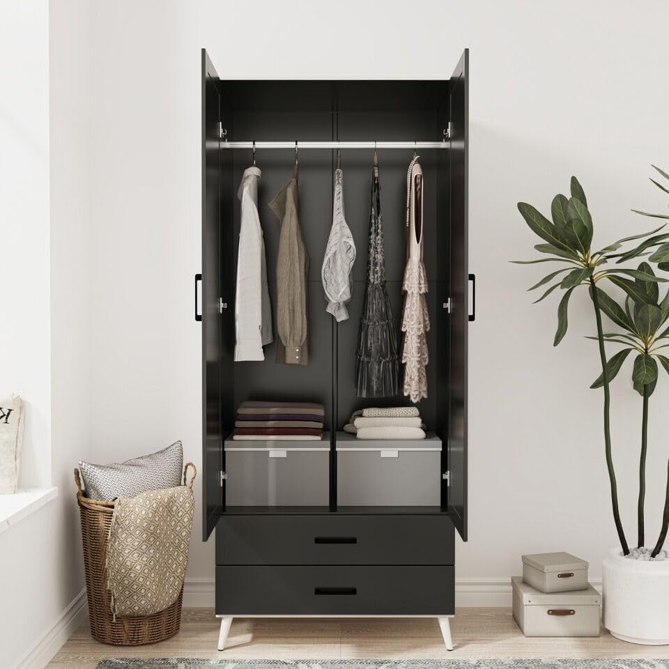 Black Modern Wardrobe 2 Doors 2 Drawers Bedroom Clothes Storage Unit