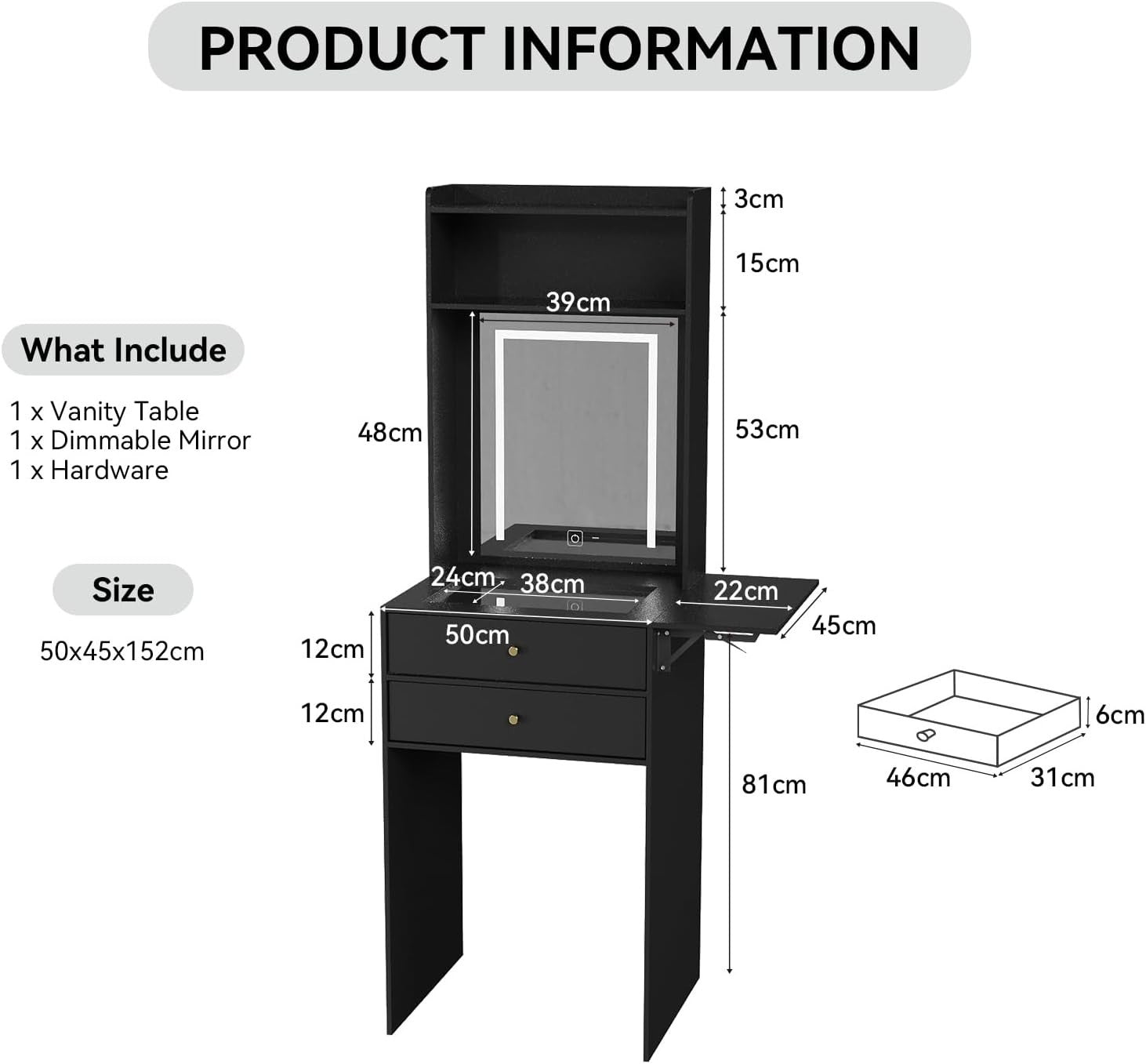 White Dressing Table Makeup Desk Vanity Drawers Storage Large Capacity Mirror