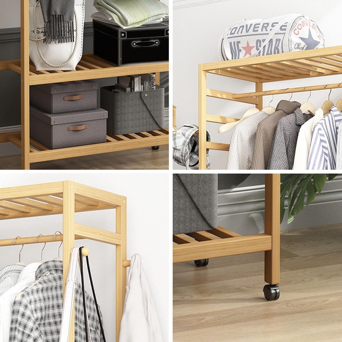 Bamboo Clothes Rack Portable Garment Rail with Wheels & Shoe Storage for Bedroom