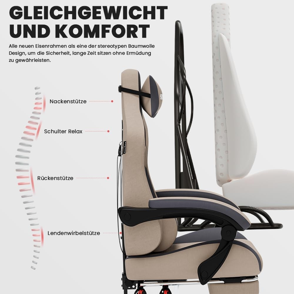 Ergonomic Gaming Chair with Footrest, Massage & Lumbar Support Beigeblue