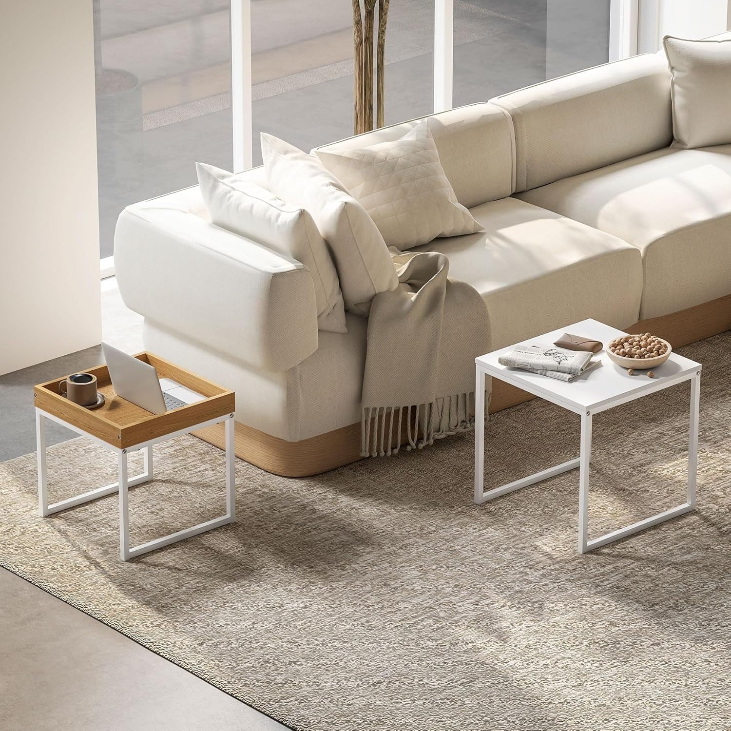 Modern Nesting Coffee Table Set Wood White Square Side End Tables Storage Tray T
