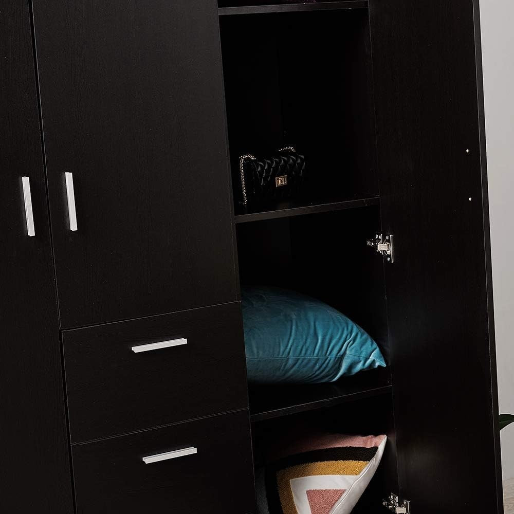 Large Black Wooden 3-Door Wardrobe with 3 Drawers & Hanging Rail Bedroom