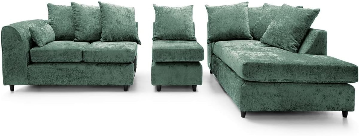 Large Green Chenille Corner Sofa – Right Hand L-Shaped Couch – 5 Seater