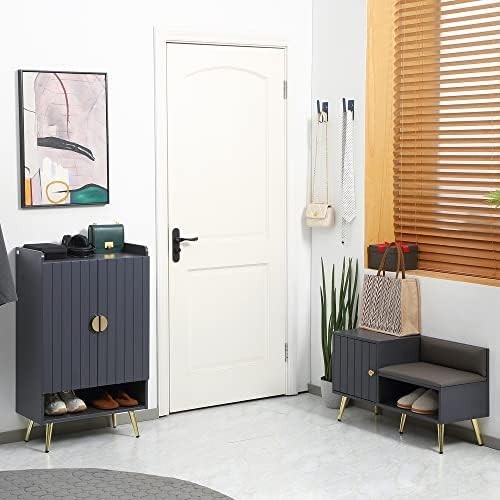 Grey Shoe Storage Bench with Cushion & Side Cabinet – Modern Hallway Seat