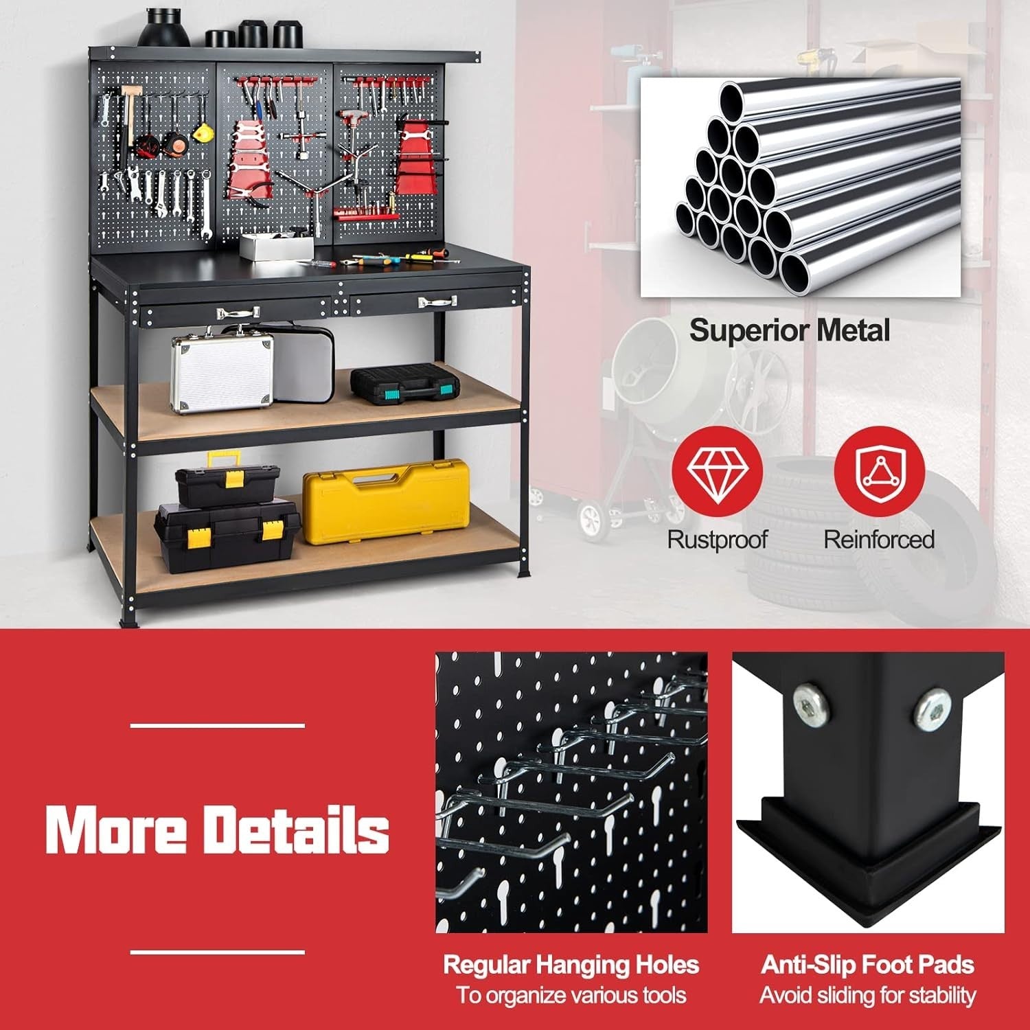 Heavy Duty Workbench 121x61x156cm Black+Red Pegboard 2 Drawers Shelves