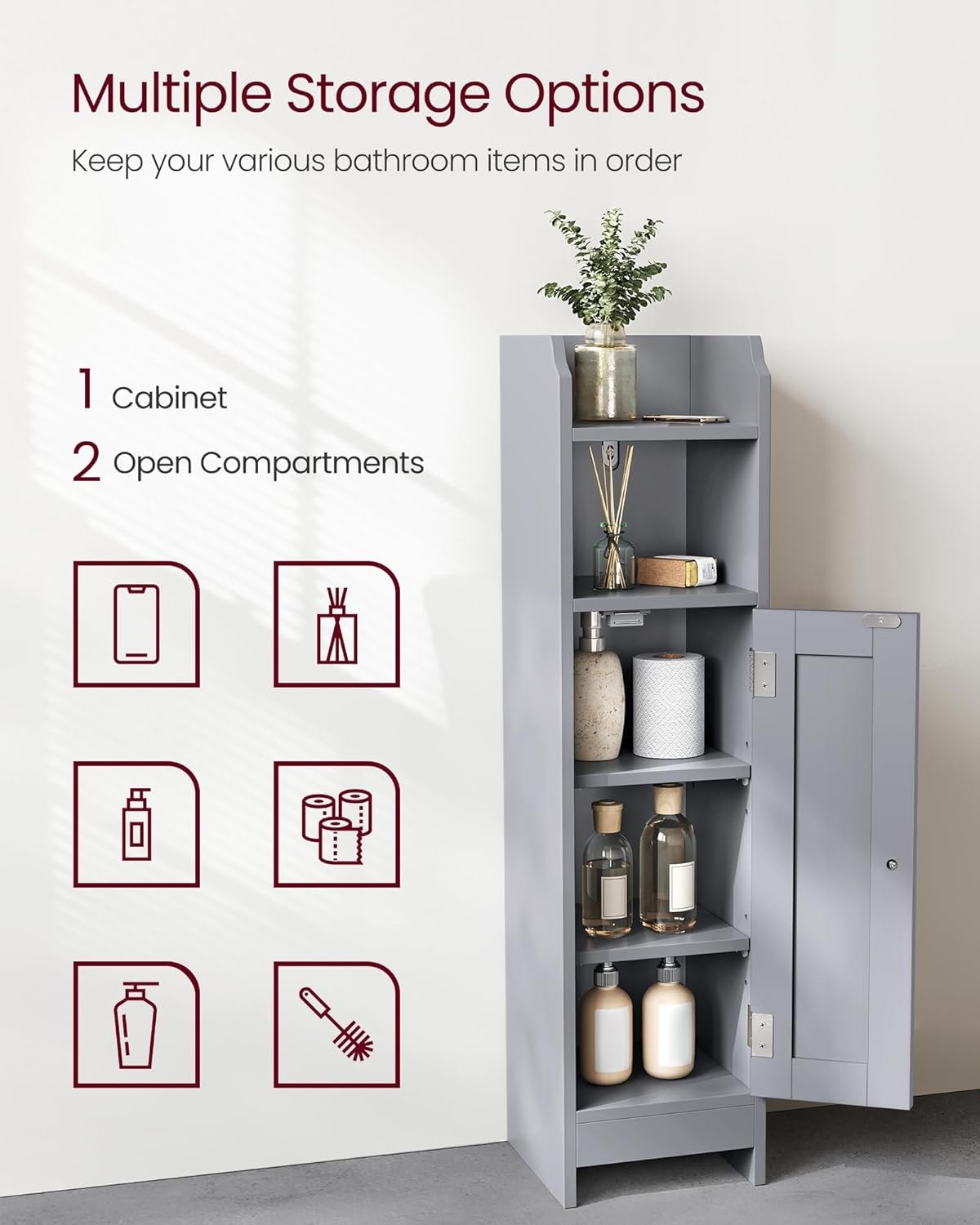 Slim Dove Grey Bathroom Storage Cabinet with Door, Adjustable Shelf & Narrow Des
