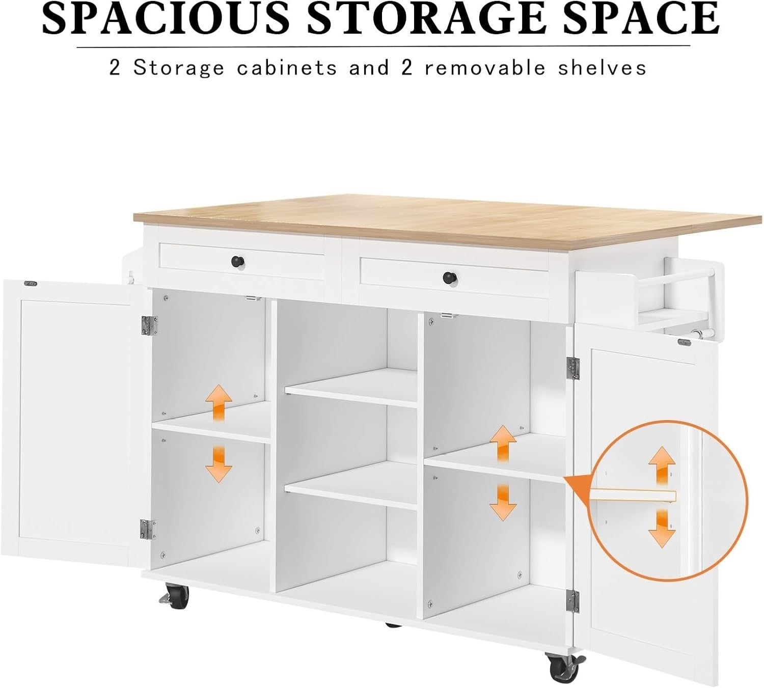 White Kitchen Island Trolley with Drop Leaf, Storage & Wheels – Rubberwood