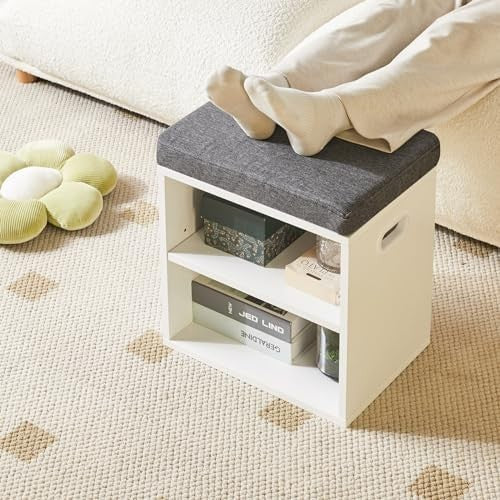 2-Tier Shoe Storage Bench with Padded Seat & Adjustable Shelves, White