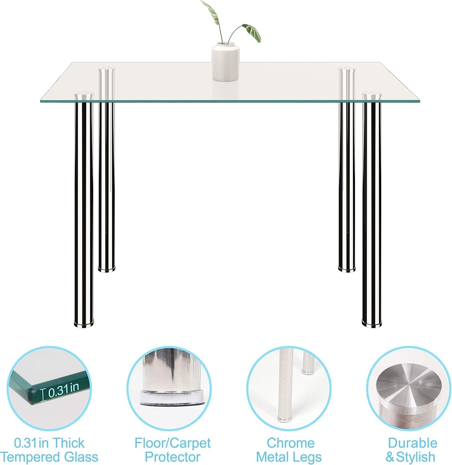 Rectangular Glass Dining Table with 4 Grey Faux Leather Chairs Set