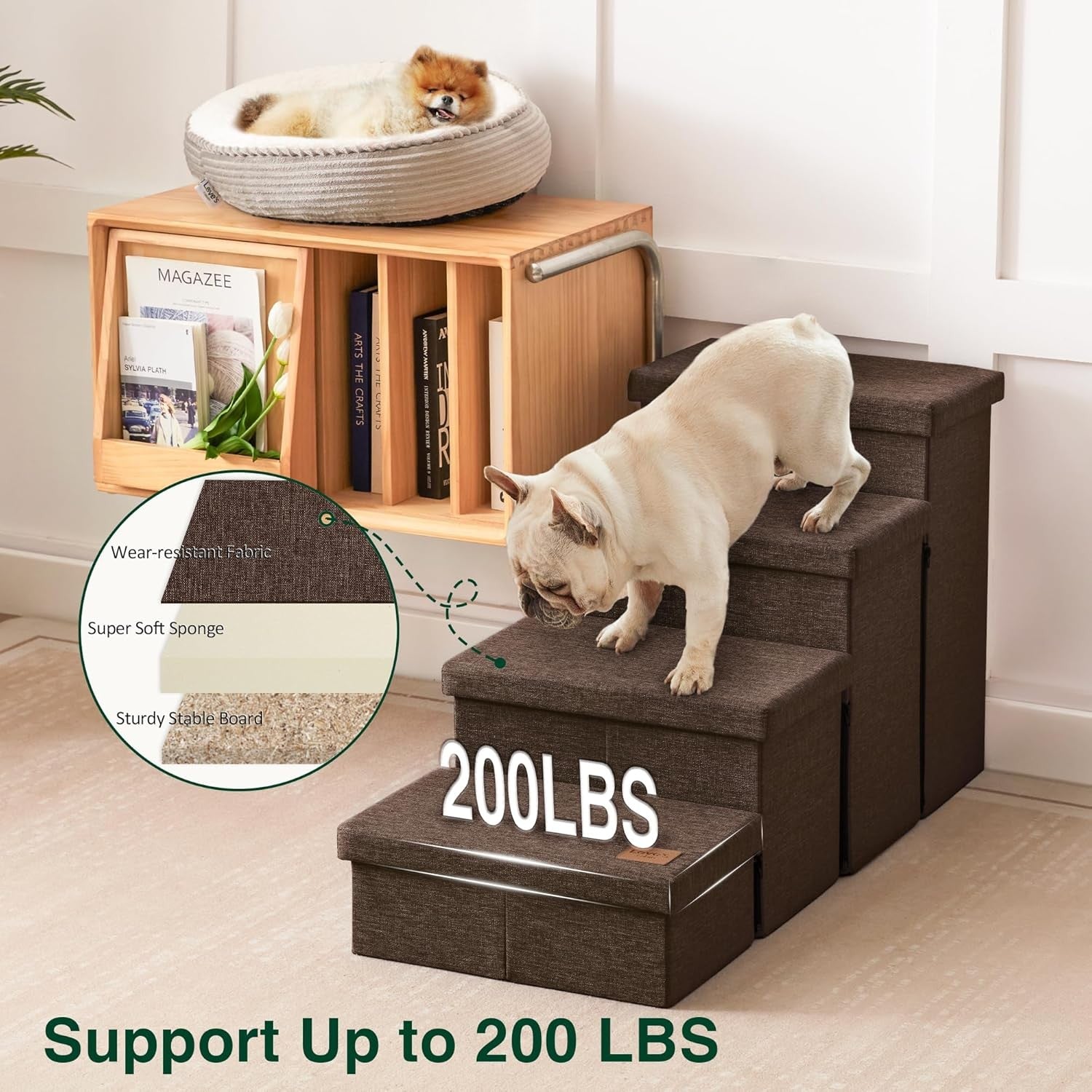 Dog Stairs 4 Step with Storage Foldable Pet Steps Coffee 200lb