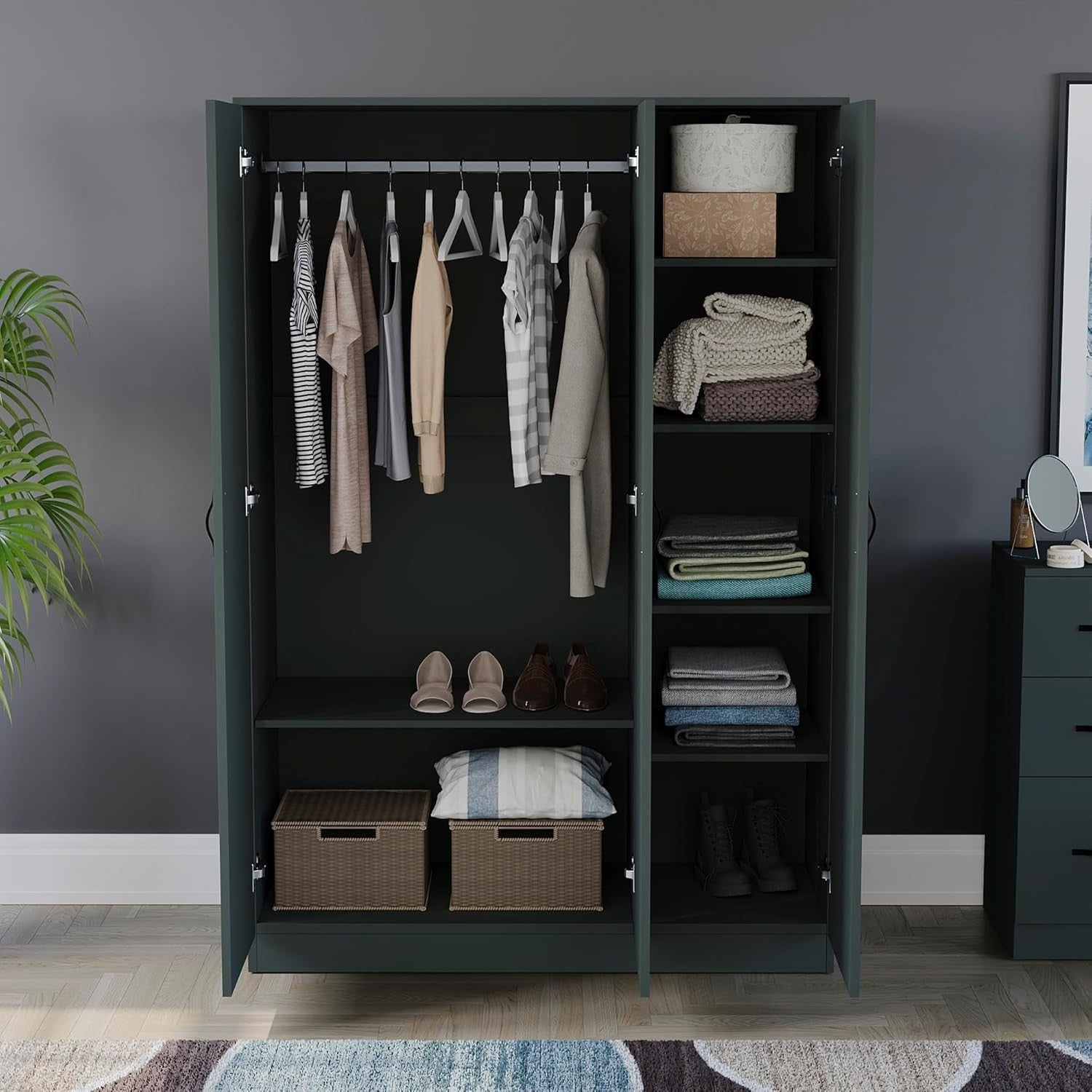 3 Door Wardrobe with Hanging Rail, Adjustable Shelf & Top Storage Shelf