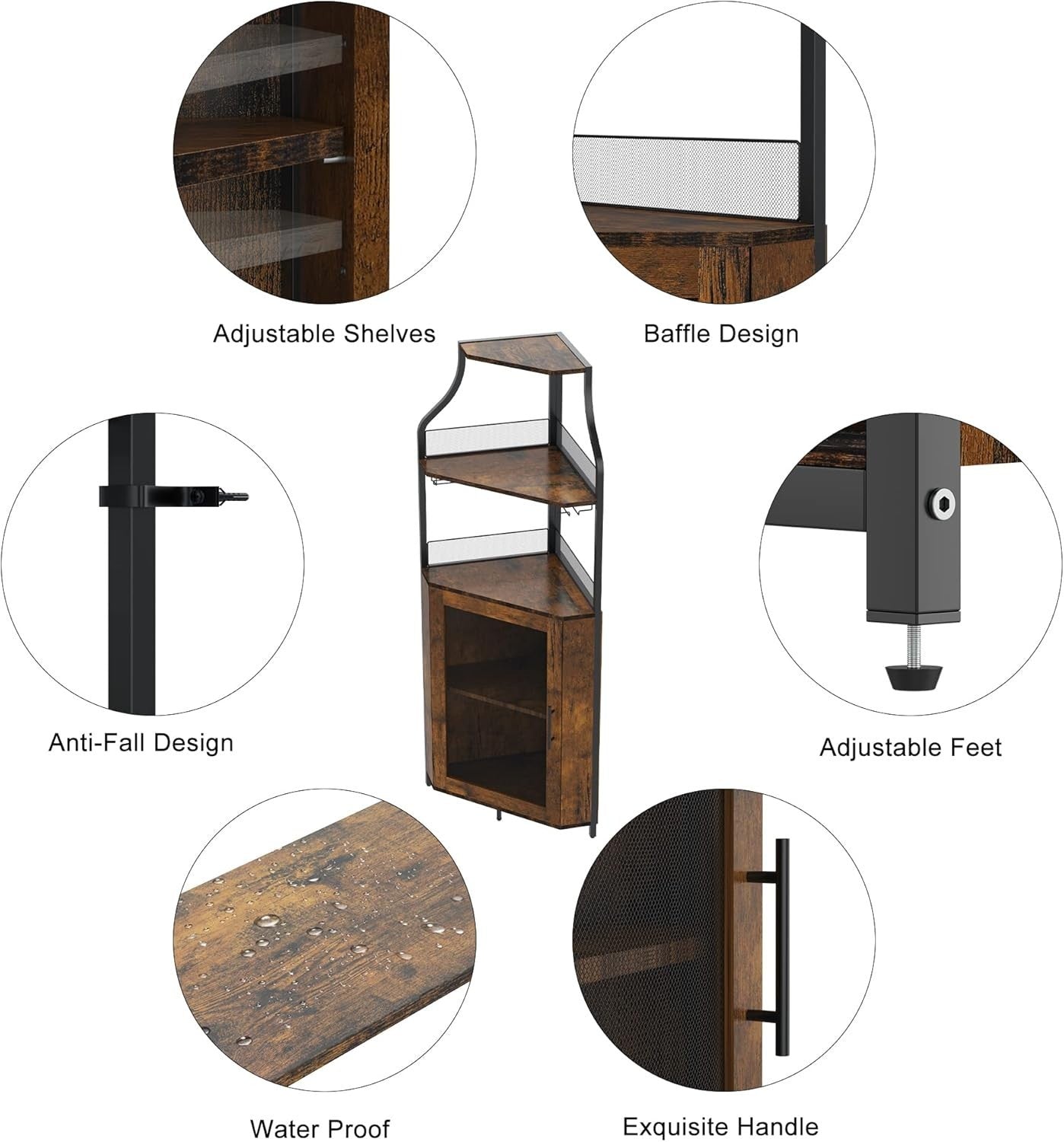 Rustic Corner Wine Bar Cabinet with Glass Rack & Storage Shelves, Freestanding