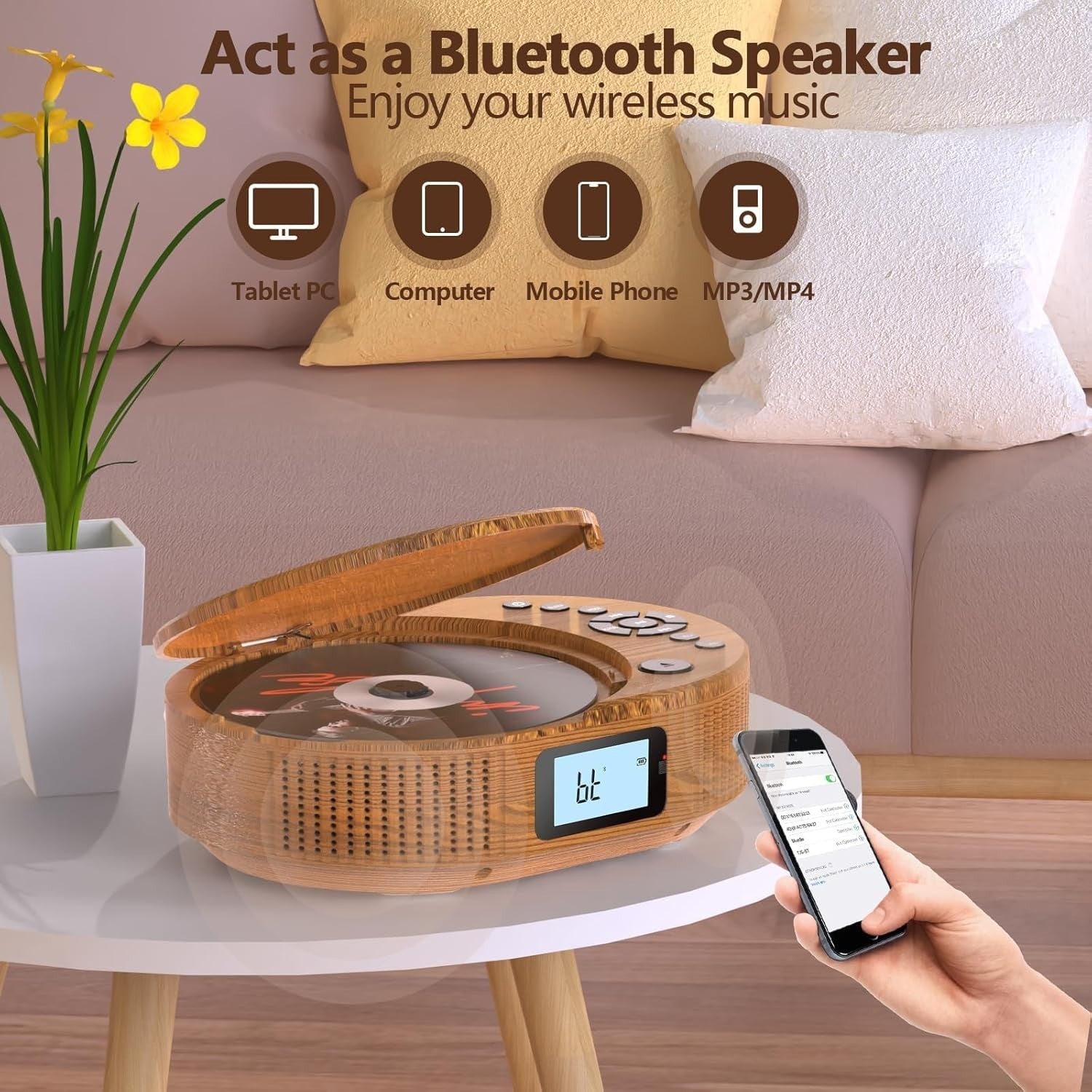 Portable CD Player Bluetooth Speaker Rechargeable FM Radio AUX USB