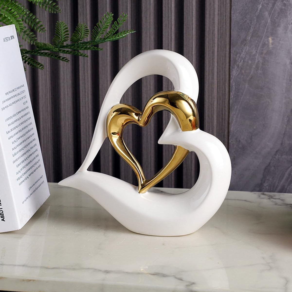 White Gold Double Heart Ceramic Sculpture Modern Romantic Home Decor Ornament