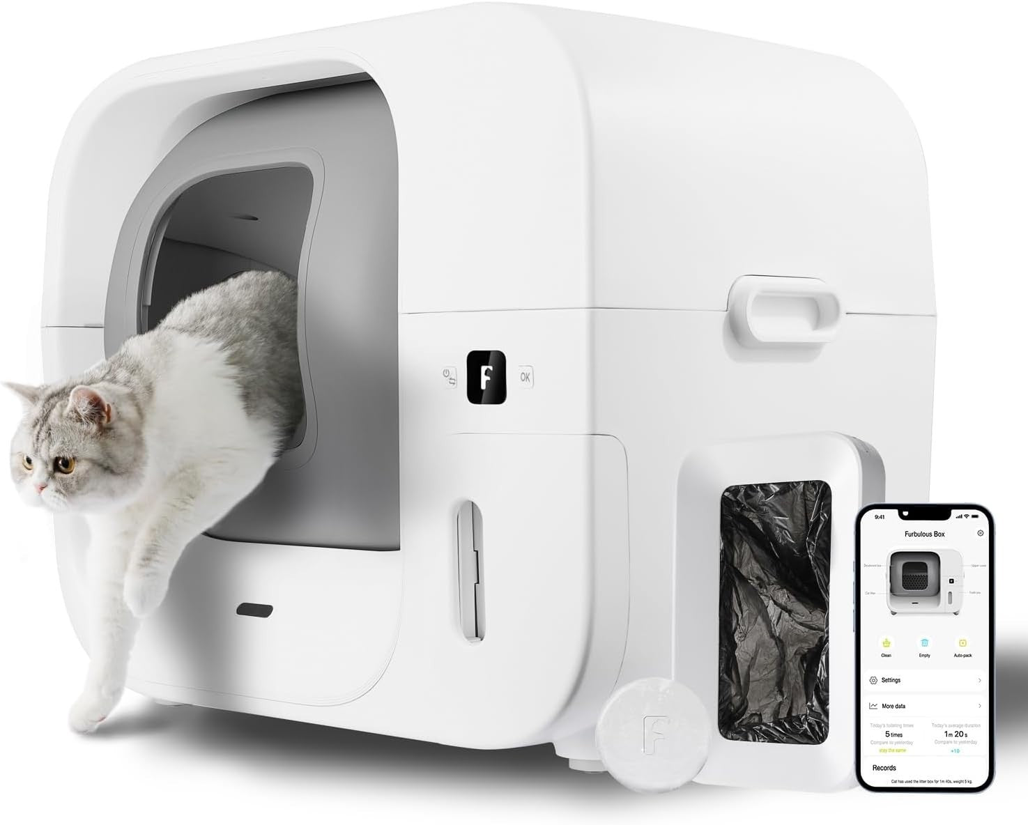 Self Cleaning Cat Litter Box Auto Bagging APP Control 60L XL White