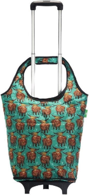 Eco Chic Folding Shopping Trolley with 25L Detachable Tote – Highland Cow Teal