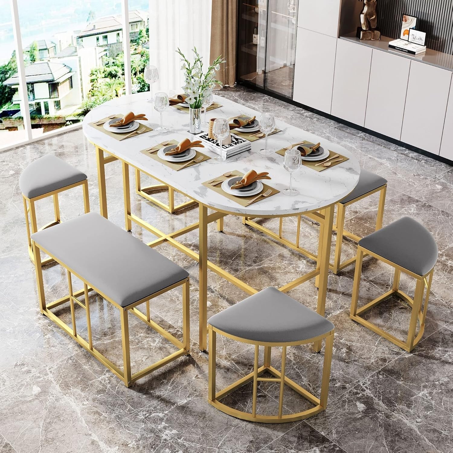 Modern White Marble Dining Table Set with 4 Chairs & 6 Stools – Stylish & Durabl
