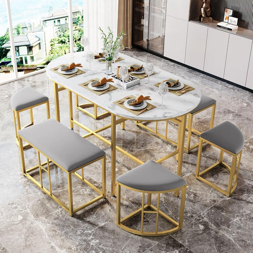 Modern White Marble Dining Table Set with 4 Chairs & 6 Stools – Stylish & Durabl