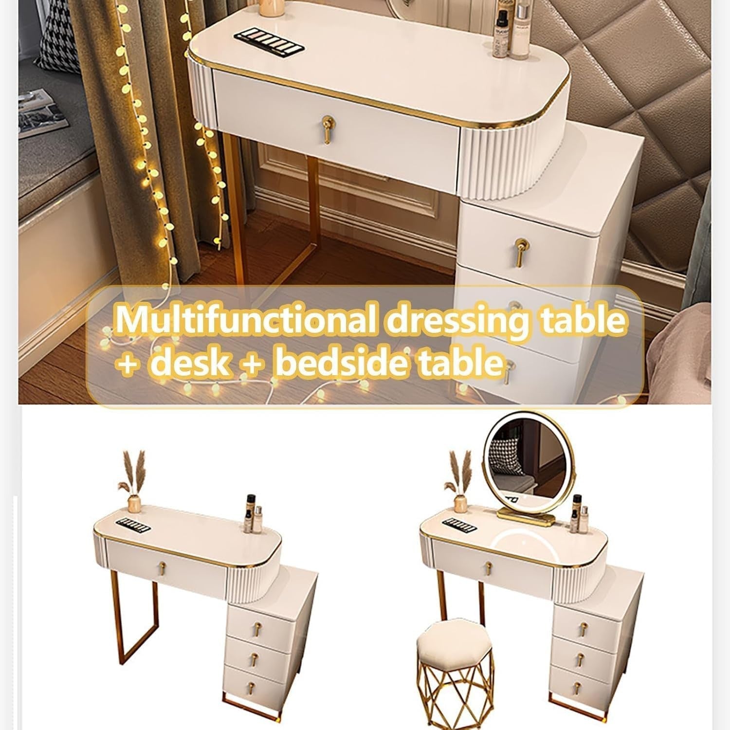 Modern White Vanity Table with LED Mirror & 4 Drawers Makeup Desk Set