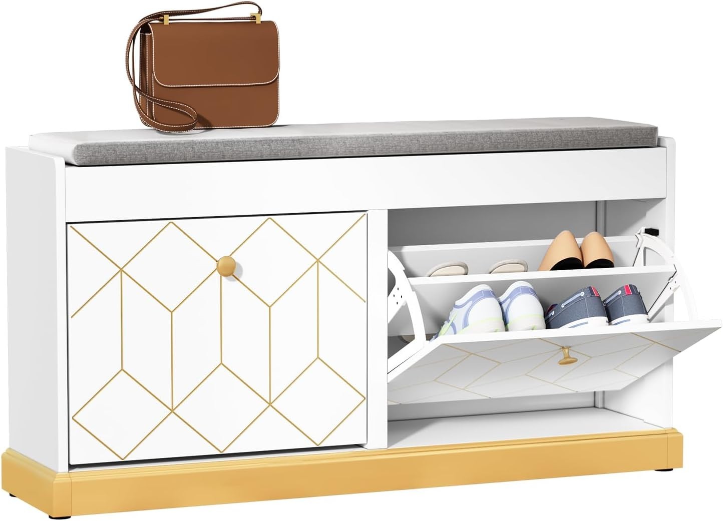 White Shoe Bench with Cushion & Flip Drawer Hallway Storage 99.6x27.2x49.5cm