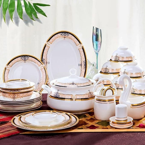 60 Piece Luxury Porcelain Dinner Set Plates Bowls Spoons Tray Gold Trim