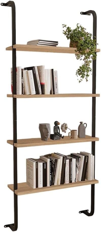 Modern Wall Mounted 4-Shelf Bookcase Storage Rack Metal Frame Space Saving