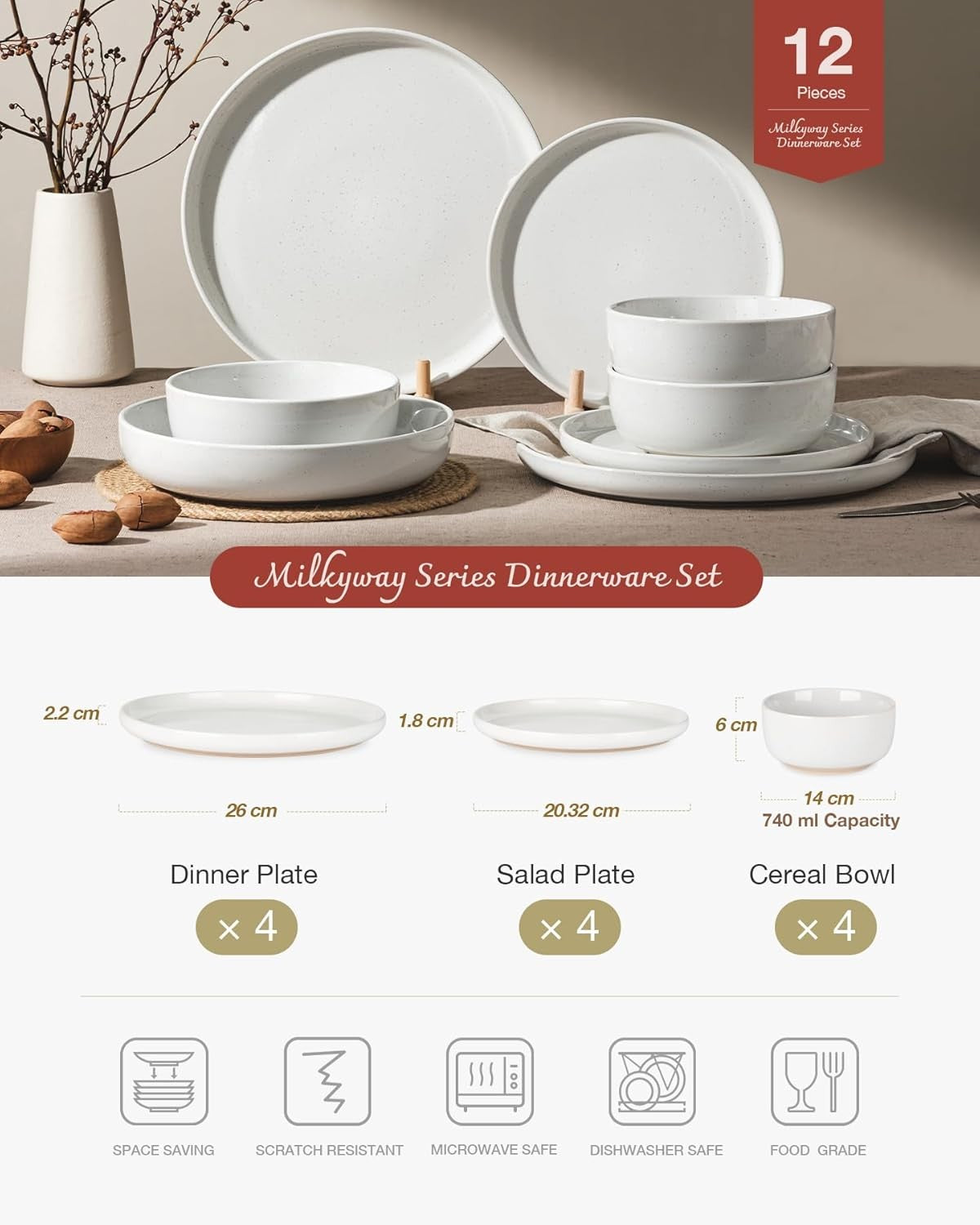 12 Piece Stoneware Dinner Set Plates Bowls Speckled Dishwasher Safe