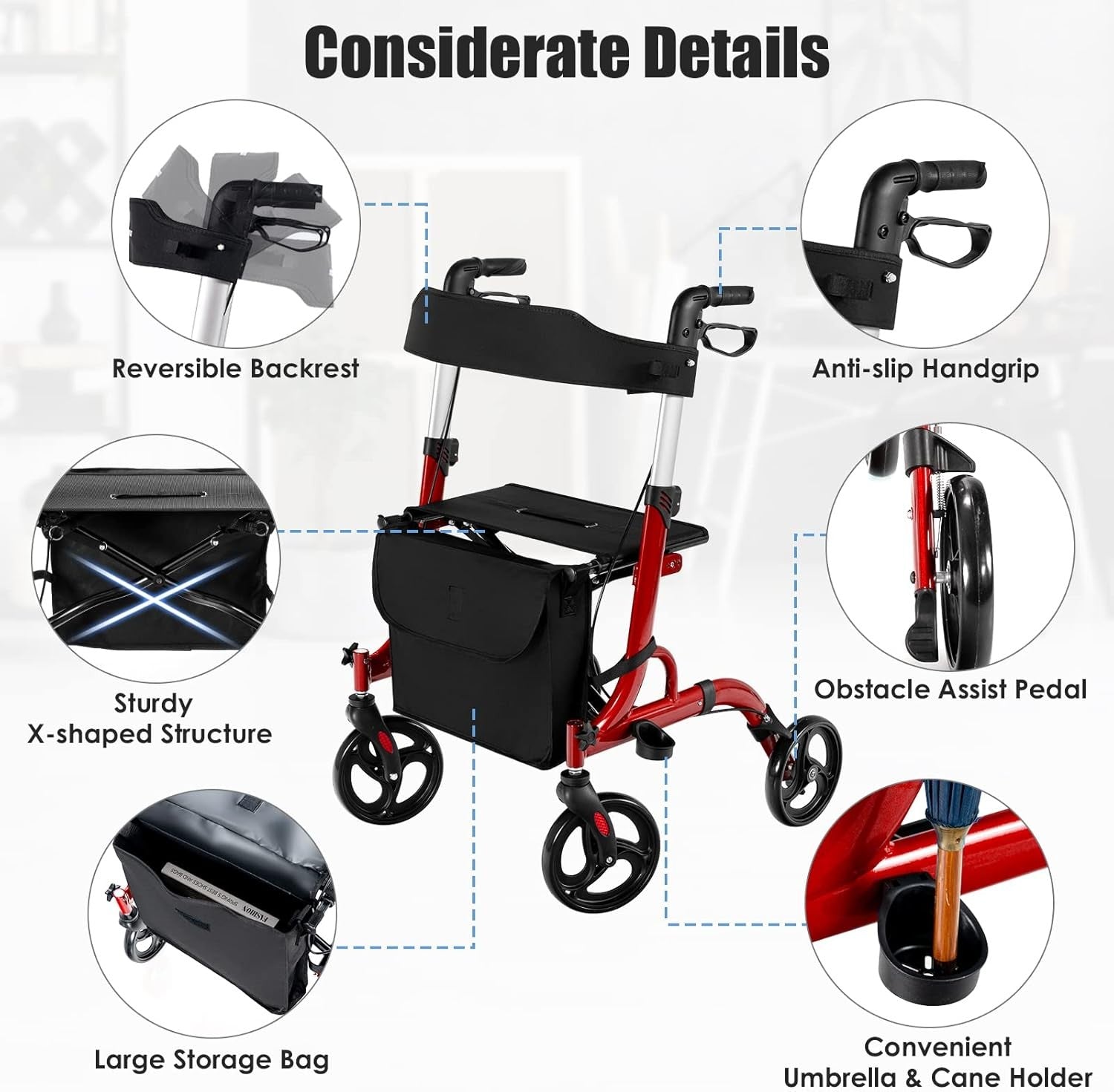 Lightweight Rollator Walker Seat 4 Wheel Folding Adjustable Mobility Aid
