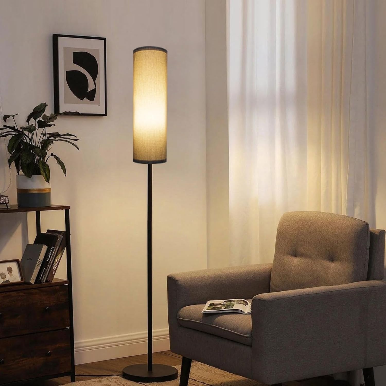 68” Dimmable Floor Lamp Tall Standing Light Grey Fabric Shade Foot Switch