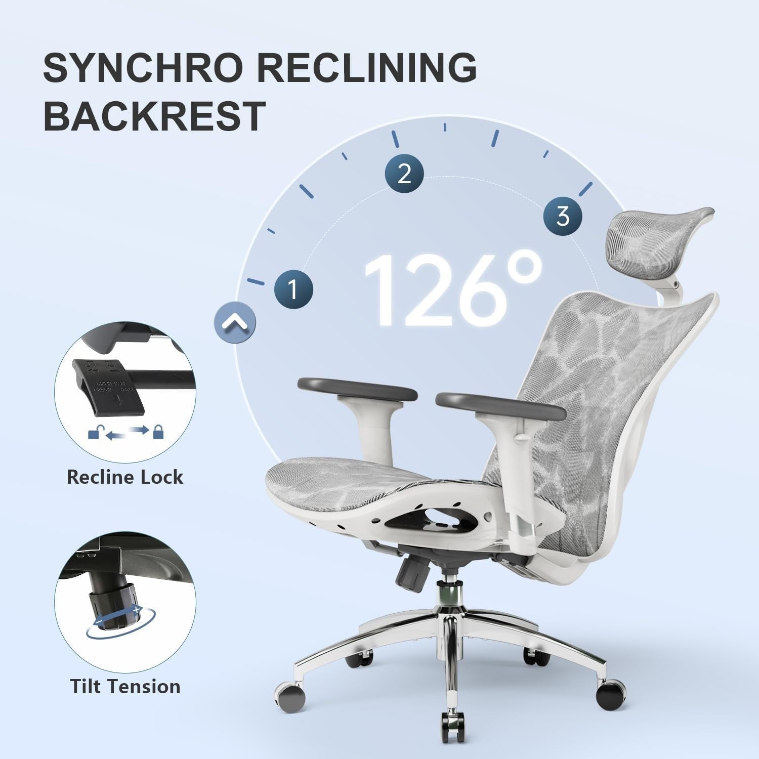 Ergonomic Office Chair Light Gray Mesh Back 3D Armrest Adjustable Headrest