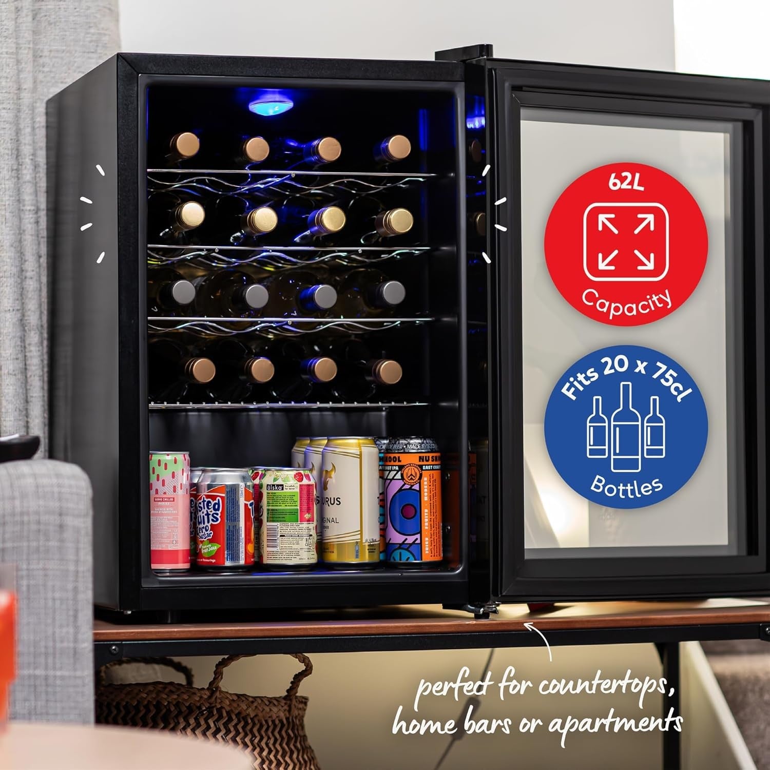 Wine Cooler Fridge 20 Bottle Freestanding Drinks Fridge LED Glass Door