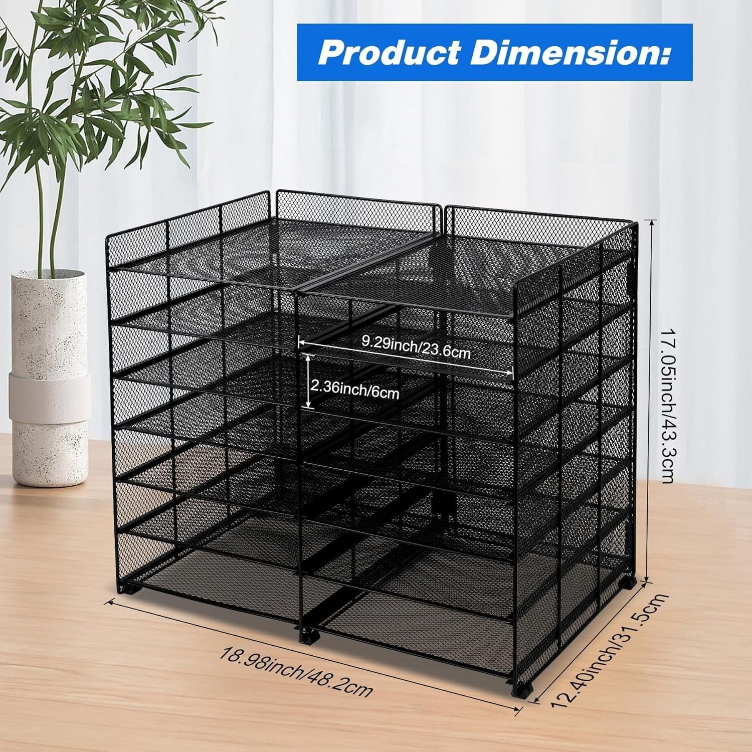 7-Tier Adjustable Mesh Desk Organiser, 12 Compartment File & Letter Tray Rack, B