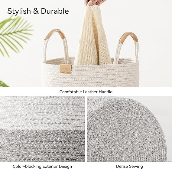 95L Foldable Laundry Basket with Leather Handles, Large Woven Hamper Grey Stripe