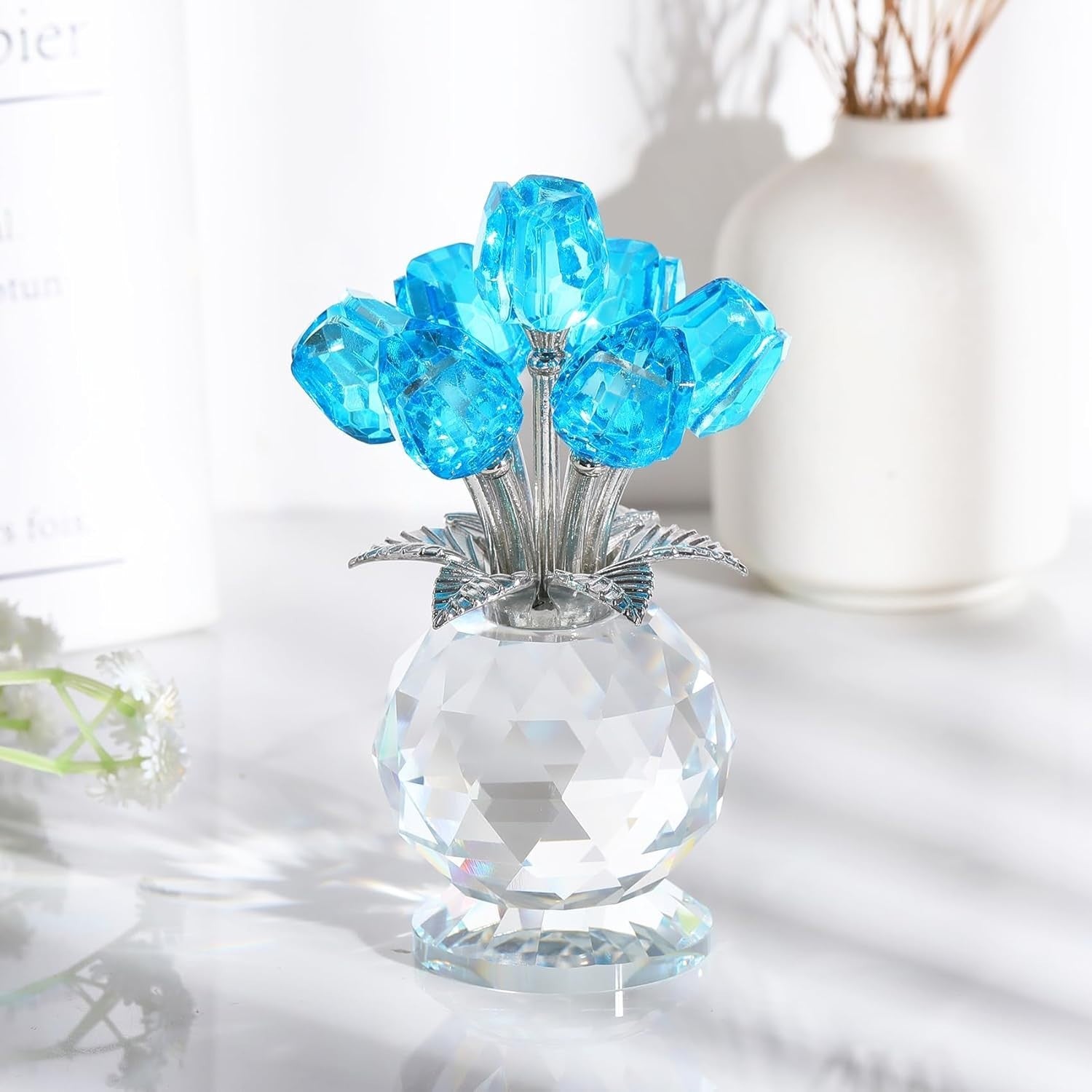 Light Blue Crystal Tulip Flowers Ornament – Luxury Glass Bouquet Gift for Her