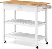 White Kitchen Island Cart 106x50x89cm w/ Drawer Shelves & Lock Wheels