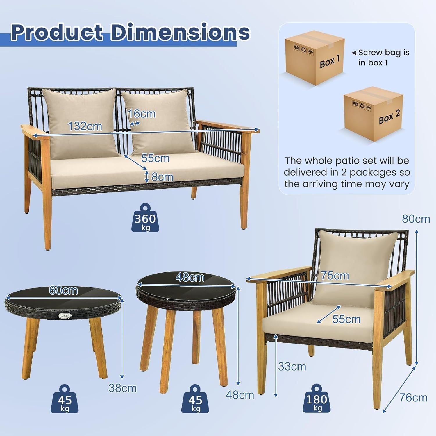 5pc Garden Sofa Set Wood Rattan Outdoor Furniture Cushions & Tables