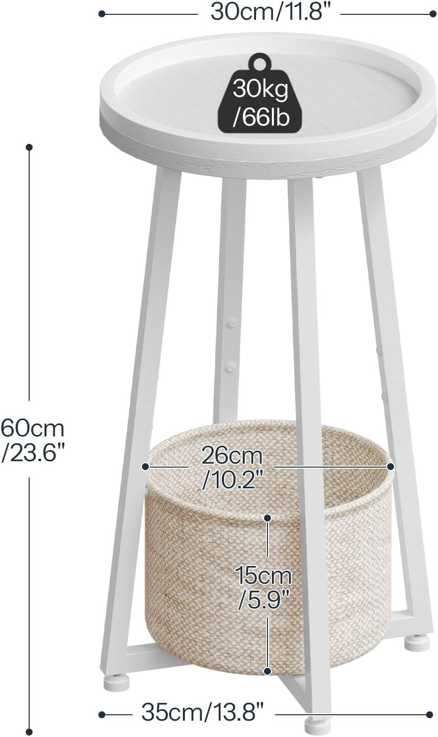 White 2-Tier Round Side Table 30x30x60 cm | Sofa & Bedside Table w/ Storage