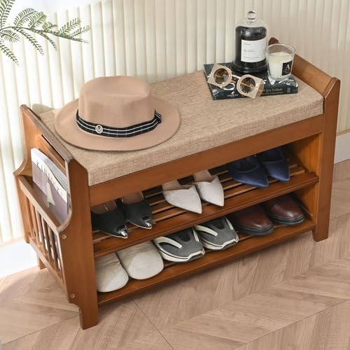2 Tier Bamboo Shoe Bench with Cushion Hidden Drawer Entryway Storage Seat