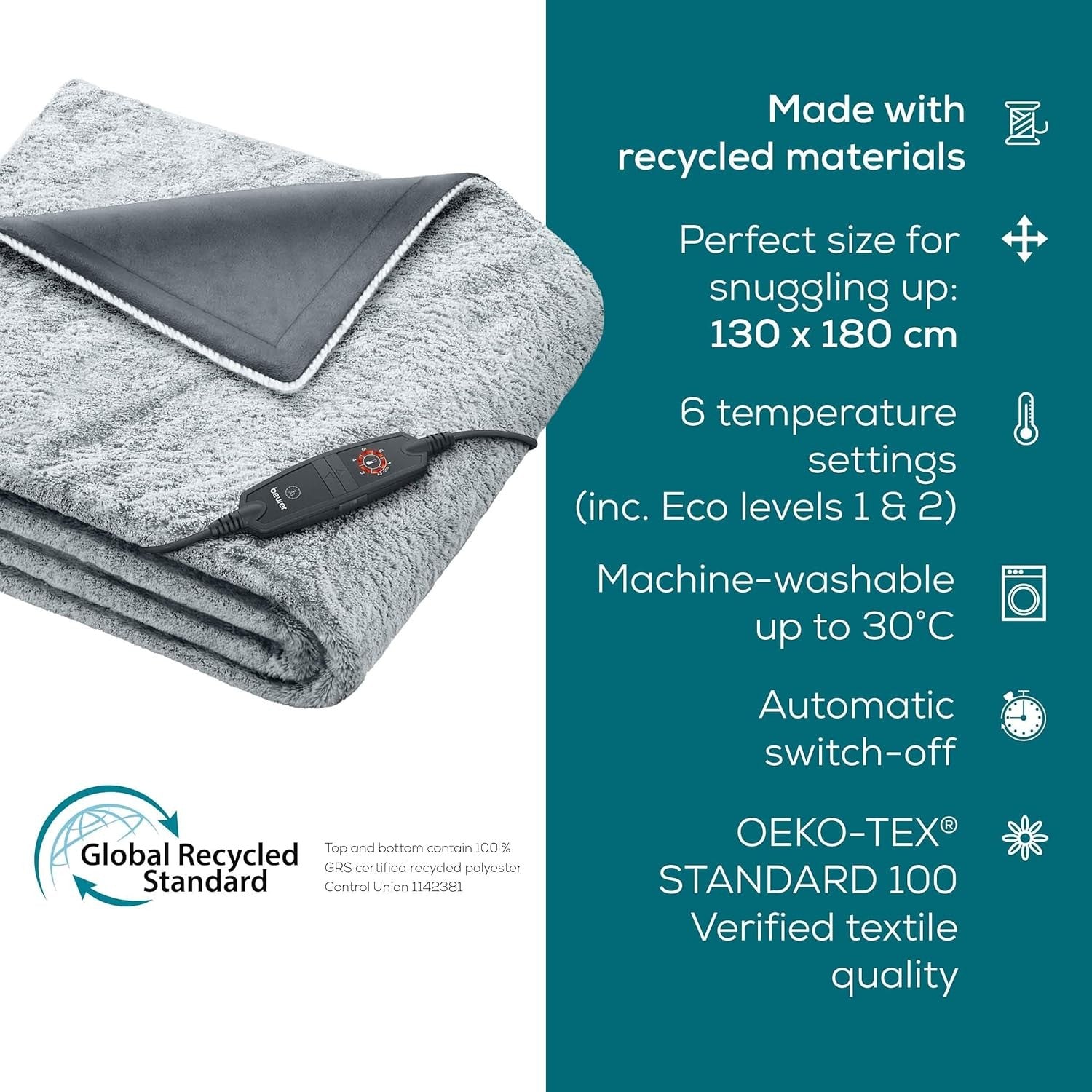 Electric Heated Throw Blanket Recycled Soft Fleece 6 Heat Levels Washable