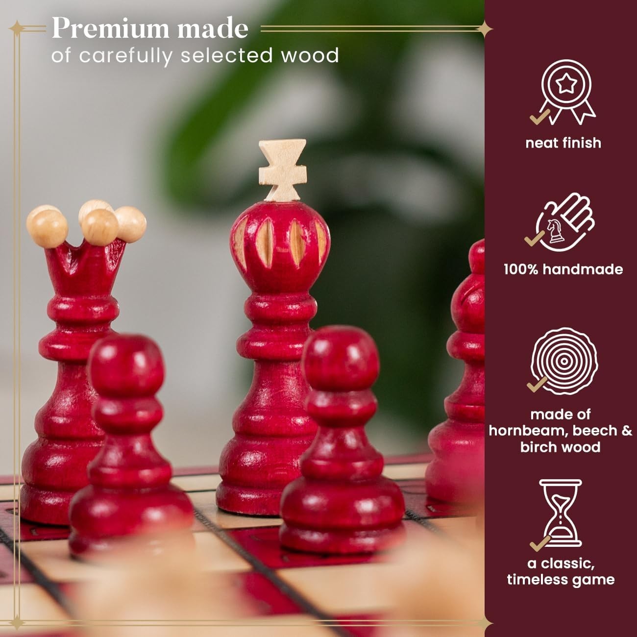 Luxury 42cm Red Wooden Chess Set XL | Handcrafted Board & Carved Pieces | Premiu
