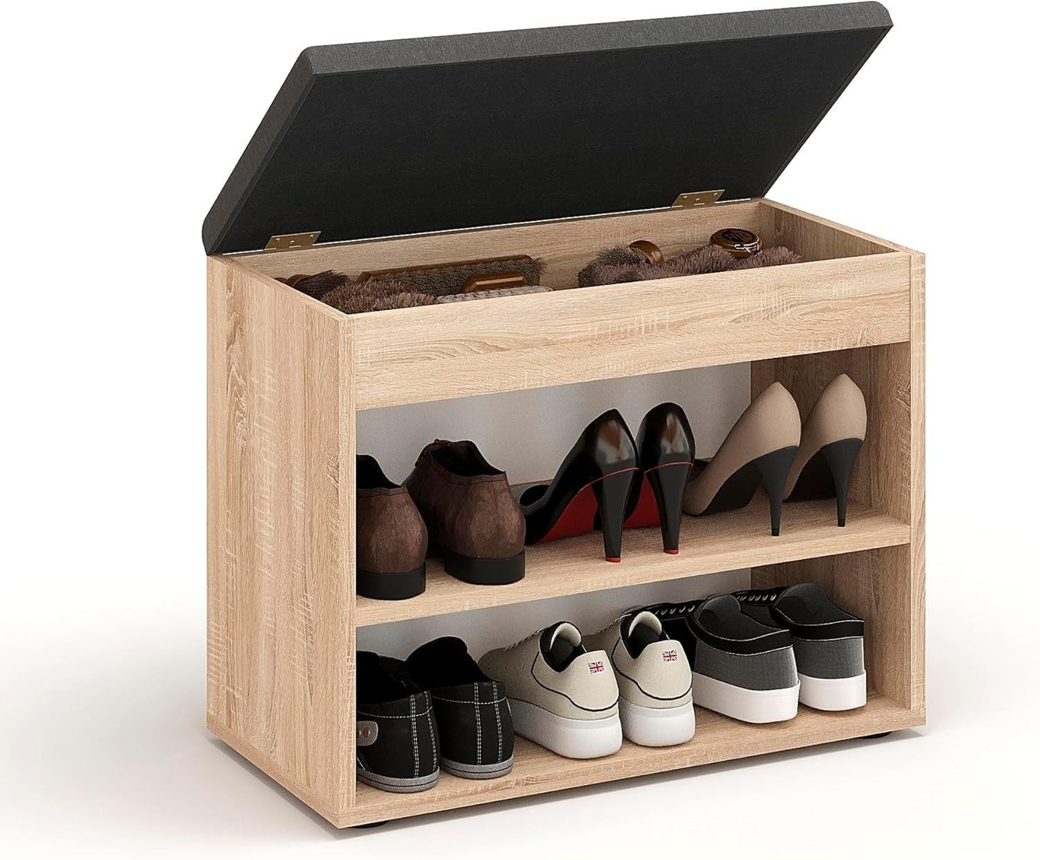 Compact Sonoma Oak Shoe Bench with Cushion Hidden Storage Entryway Seat