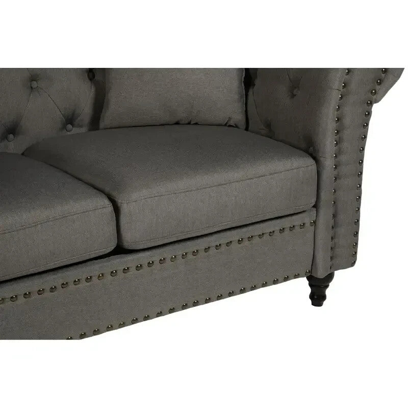 2 Seater Grey Chesterfield Sofa | Button Tufted Fabric Couch with Scroll Arms