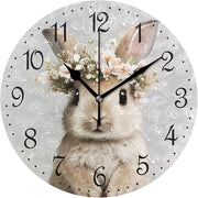 Cute Bunny Floral Wall Clock 25cm Silent Non-Ticking Rustic Nursery Decor