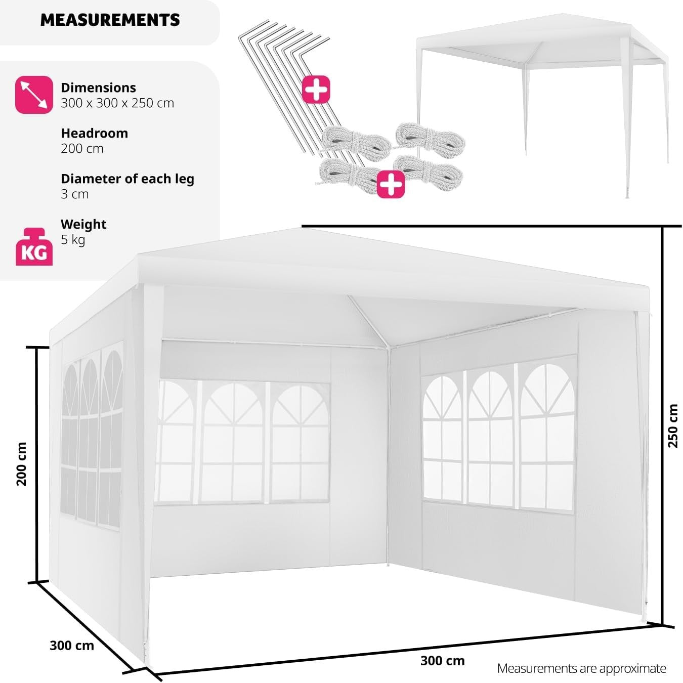 3x3m White Garden Gazebo Waterproof UV Shelter w/ 3 Side Panels & Steel Frame
