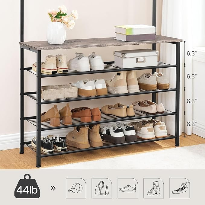 Industrial Coat Rack with Shoe Bench & 9 Hooks | Greige Hall Tree Organizer for